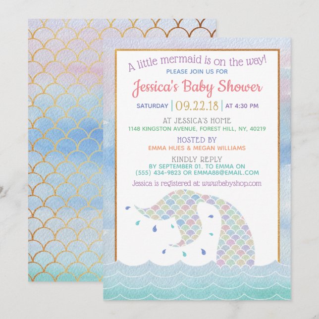 Invitation Chic Rainbow Watercolor Baby shower sirène (Devant / Derrière)