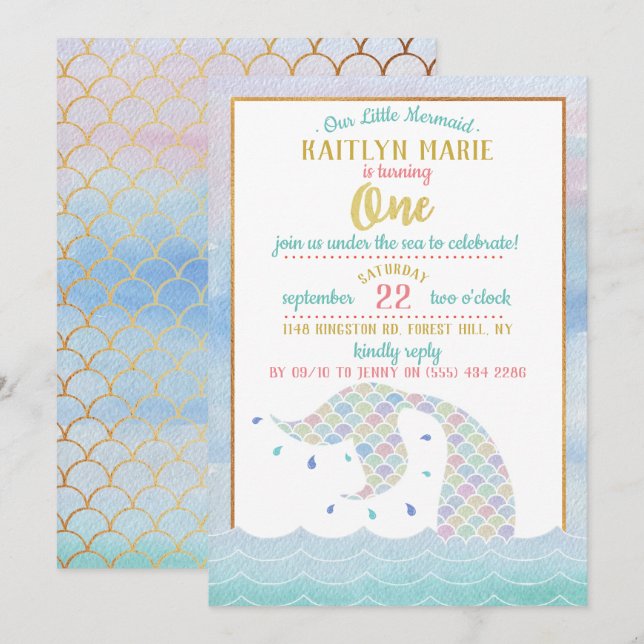 Invitation Chic Rainbow Watercolor Mermaid 1er anniversaire (Devant / Derrière)