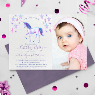 Invitation Chic Rainbow Watercolor Unicorn Photo Anniversaire
