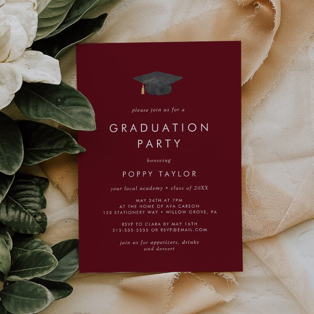 Invitation Chic Red Grad Casquette fête de graduation (Créateur téléchargé)