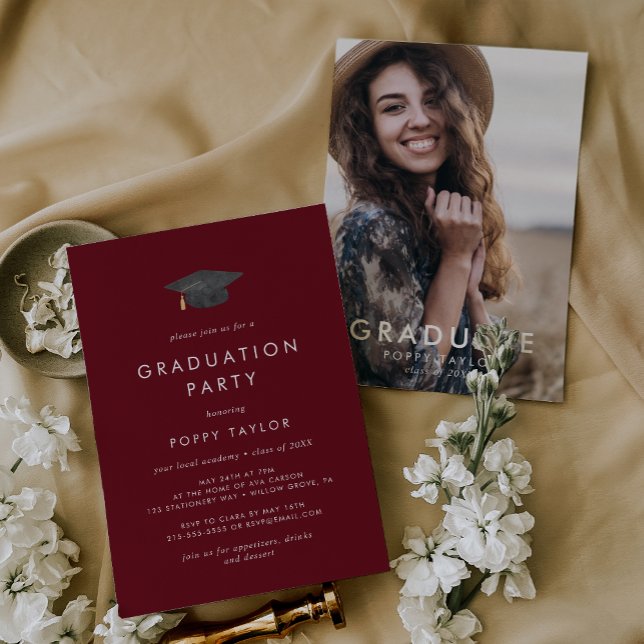 Invitation Chic Red Grad Casquette Photo Party (Créateur téléchargé)