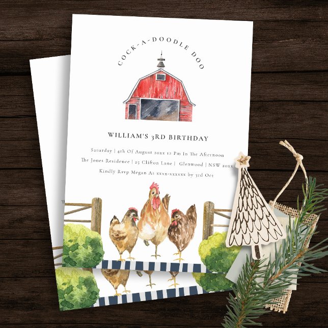 Invitation Chic Red Grange Poulet ferme Aquarelle Anniversair (Créateur téléchargé)