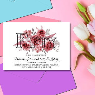 Invitation Chic Red Maroon vert floral 50e anniversaire