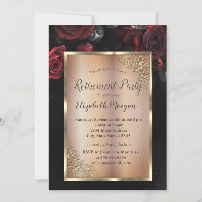 Invitation Chic Red Roses Black Retraite Party (Devant)