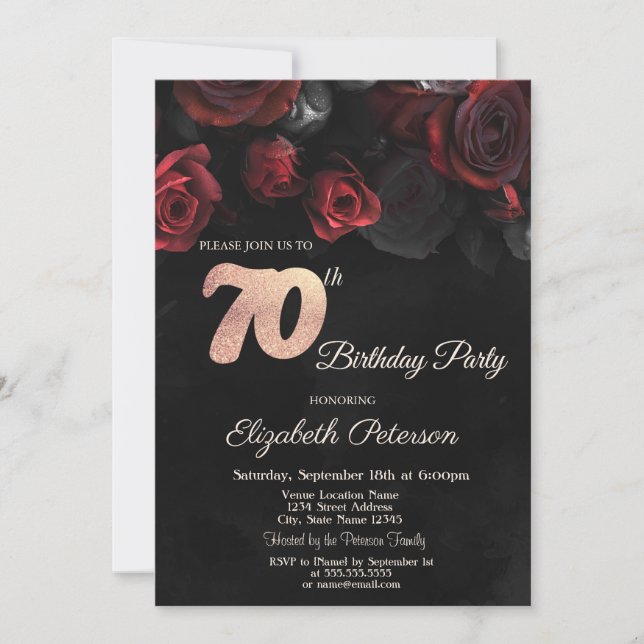 Invitation Chic Red Roses Noir 70e fête d'anniversaire (Devant)