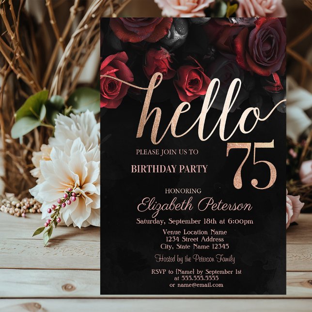 Invitation Chic Red Roses Noir 75e fête d'anniversaire (Créateur téléchargé)