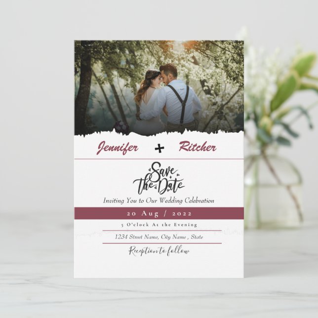 Invitation Chic Red Ruby enregistrer la date, placer votre ph (Debout devant)