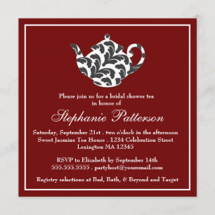 Invitation Chic Red & White w Damask Fête de l'mariée Tea Par