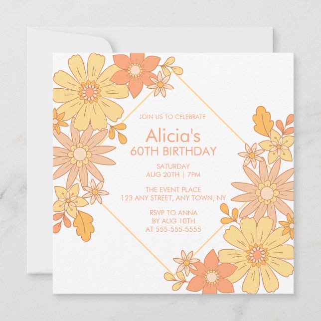 Invitation Chic Retro Hippie Orange Peach Flora 60e anniversa (Devant)