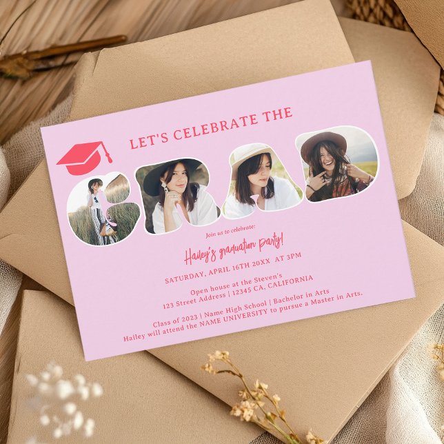 Invitation Chic Retro rose chaud 3 photos graduation script (Chic Retro hot pink 3 photos script graduation Invitation)