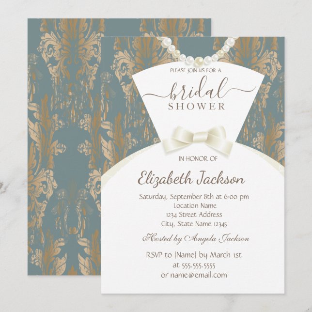 Invitation Chic robe de mariée Damask Fête des mariées (Devant / Derrière)