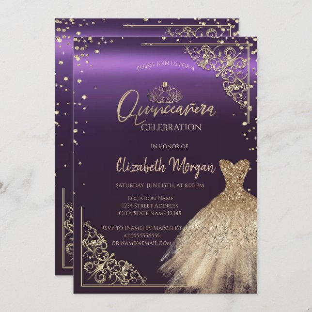 Invitation Chic Robe Or Tiara, Diamants Violet Quinceañera (Devant / Derrière)