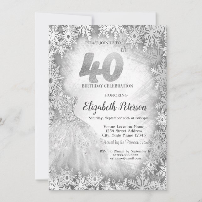 Invitation Chic Robe Snowflakes hiver 40e anniversaire (Devant)