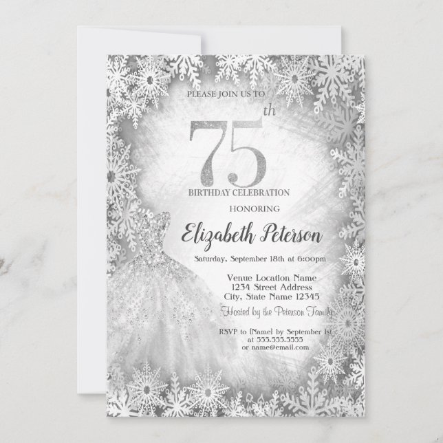 Invitation Chic Robe Snowflakes hiver 75e anniversaire (Devant)