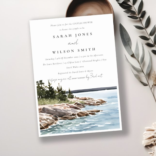 Invitation Chic Rocky Pine Mountain Seascape Couples Douche (Créateur téléchargé)
