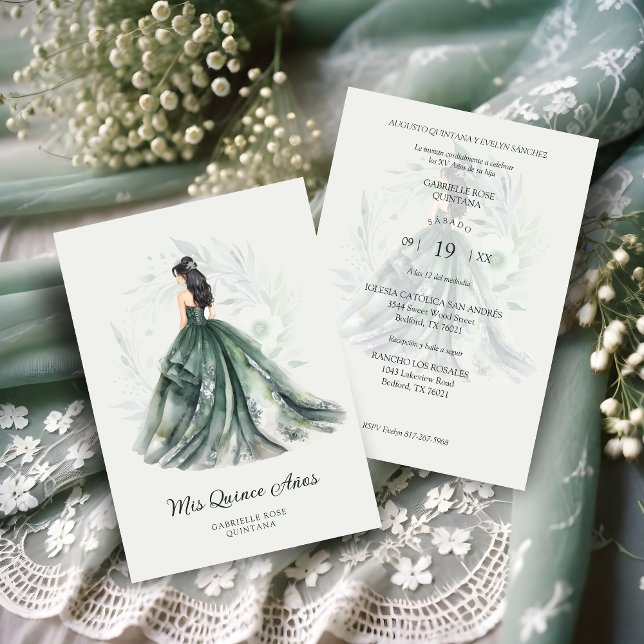 Invitation Chic Romantic Spanish Quinceañera Green Shades (Chic Romantic Spanish Quinceañera Green Shades Invitation Card.)