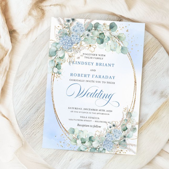 Invitation Chic Romantique Bleu Floral Eucalyptus Blé Mariage (Chic Romantic Blue Floral Eucalyptus Wheat Wedding Invitation)