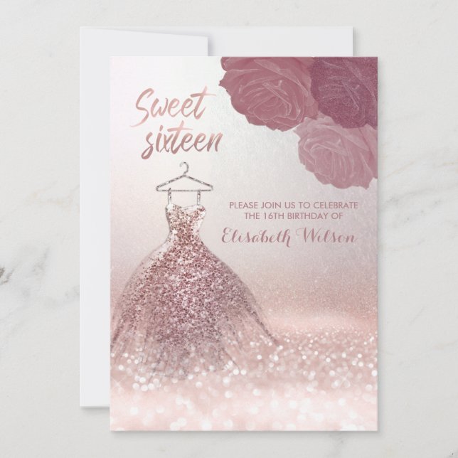 Invitation Chic romantique Rose or gliterie robe roses (Devant)