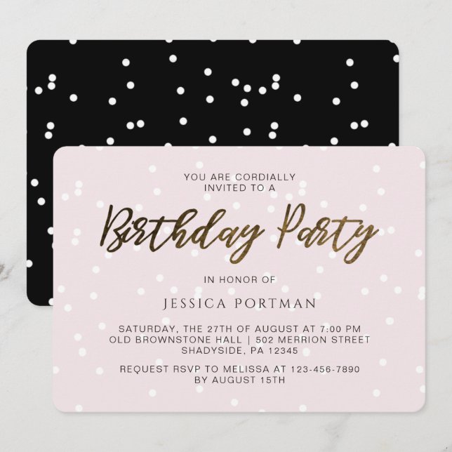 Invitation Chic rose Anniversaire Fête Jolie Confetti (Devant / Derrière)