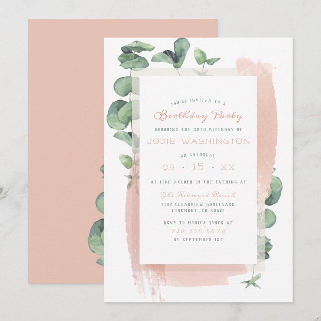 Invitation Chic rose Aquarelle Brosse Florale fête d'annivers (Devant / Derrière)