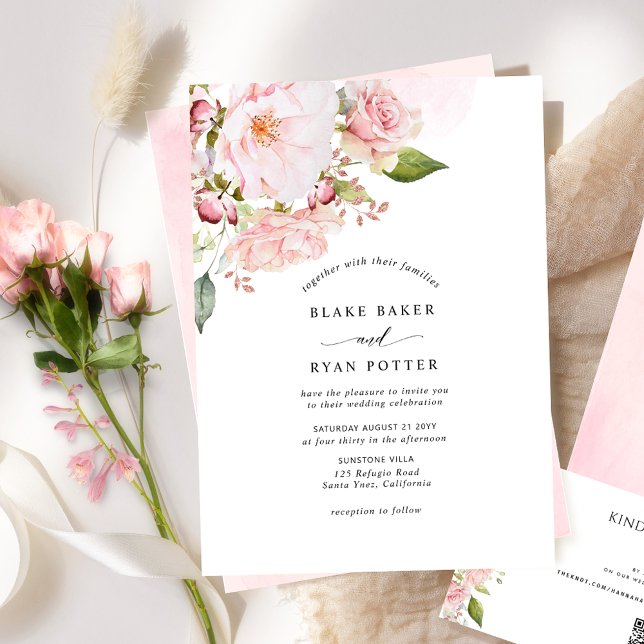Invitation Chic rose, blanc et Rose or Mariage Floral (Créateur téléchargé)