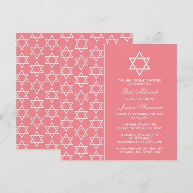 Invitation Chic Rose & Blanc Étoile Juive De David Bat mitzva (Devant / Derrière)