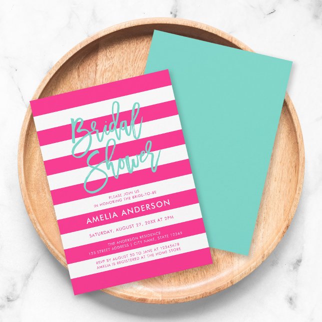 Invitation Chic rose & blanc rayures Turquoise Fête des marié (Créateur téléchargé)