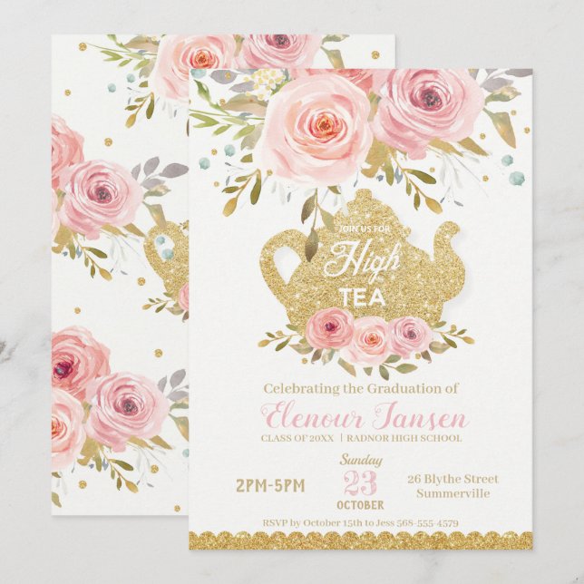 Invitation Chic Rose Blush Floral High Tea Party (Devant / Derrière)