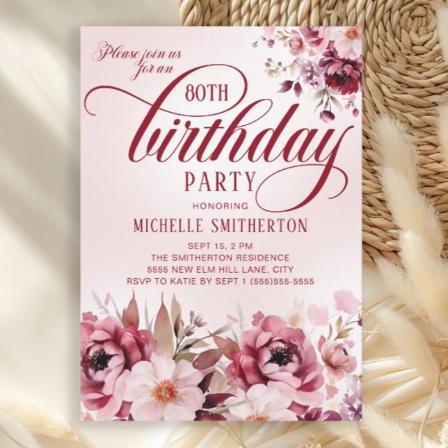 Invitation Chic rose Bourgogne flamme florale 80e anniversair (Elegant burgundy and pink watercolor floral 80th birthday party invitation)