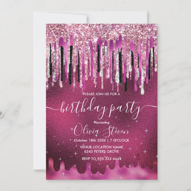 Invitation Chic rose chaud noir gouttes parties scintillant m (Devant)