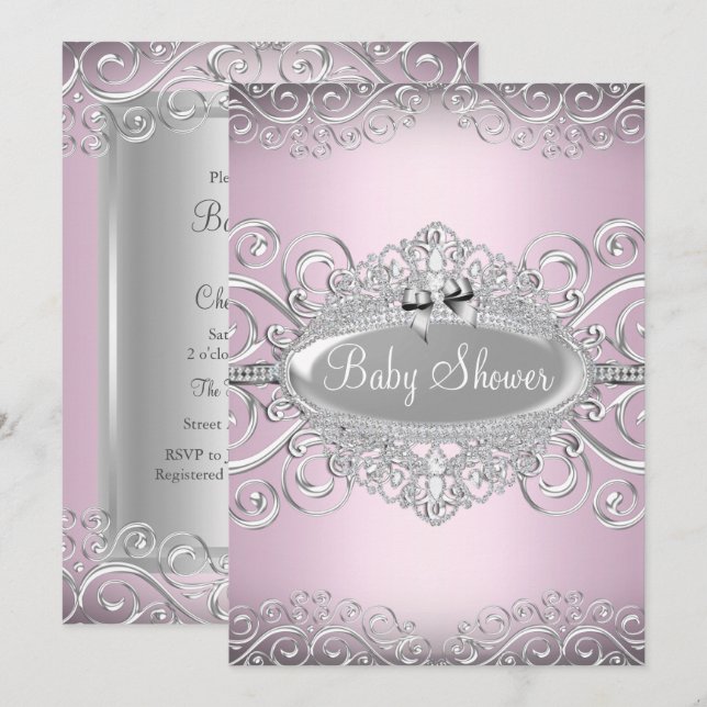 Invitation Chic rose et argent Damask Baby shower Princess (Devant / Derrière)