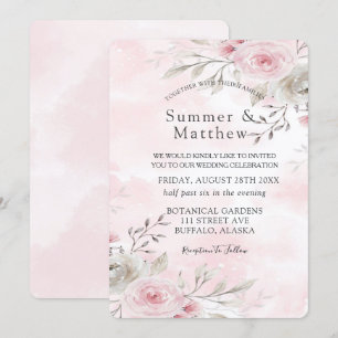 Invitation Chic rose et gris aquarelle pivoine Mariage rustiq