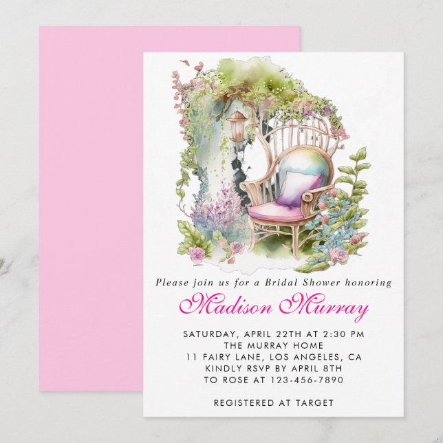 Invitation Chic rose Fleur Jardin Chaise Fête des mariées (Devant / Derrière)