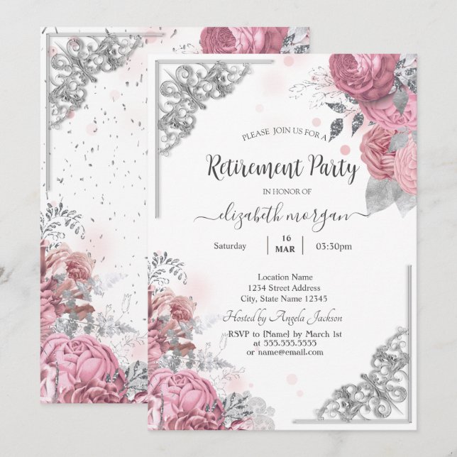 Invitation Chic Rose Fleurs Argent Frame Retraite (Devant / Derrière)