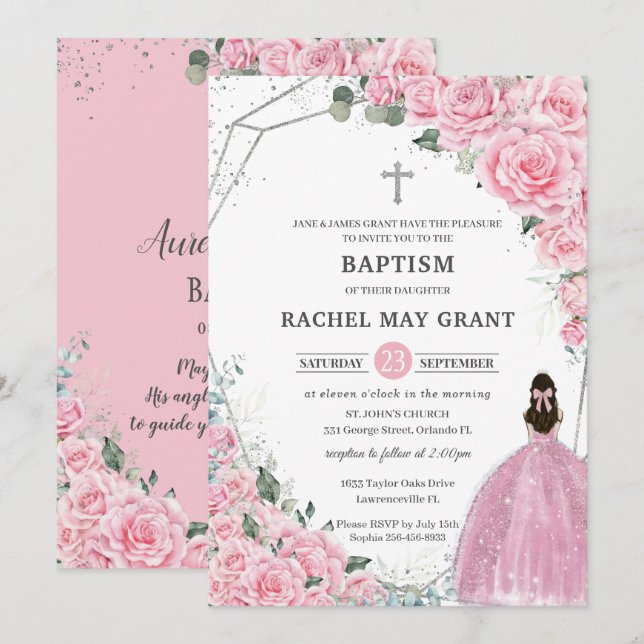Invitation Chic rose floral argent fille Baptême Christening (Devant / Derrière)