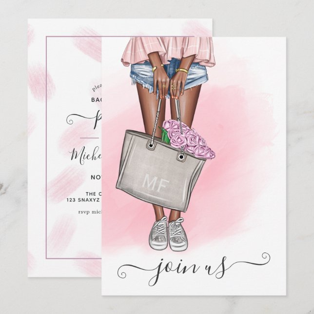 Invitation Chic rose Floral Bachelorette Party Monogramme (Devant / Derrière)