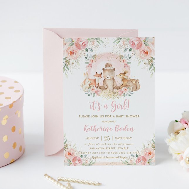 Invitation Chic rose Floral Bois Animaux Fille Baby shower (Créateur téléchargé)