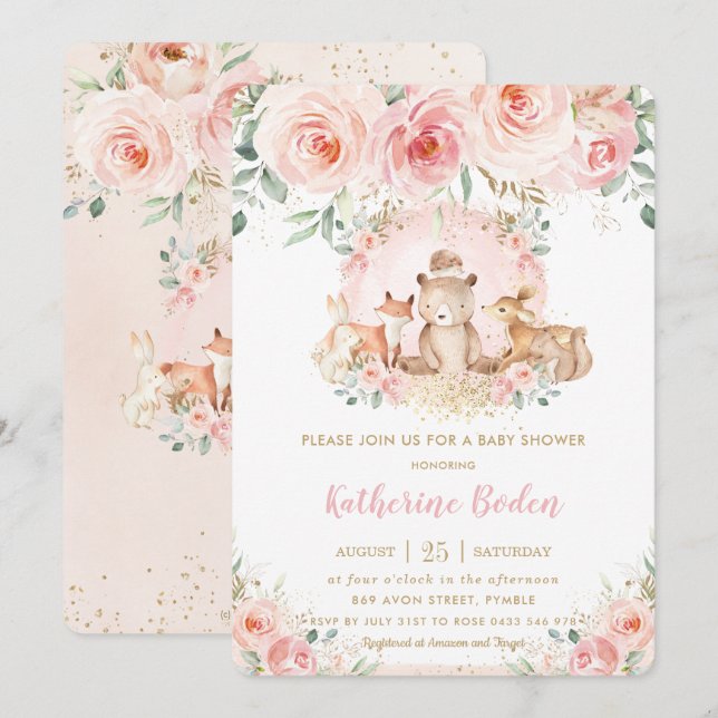 Invitation Chic rose Floral Bois Animaux Fille Baby shower (Devant / Derrière)