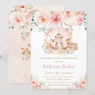 Invitation Chic rose Floral Bois Animaux Fille Baby shower