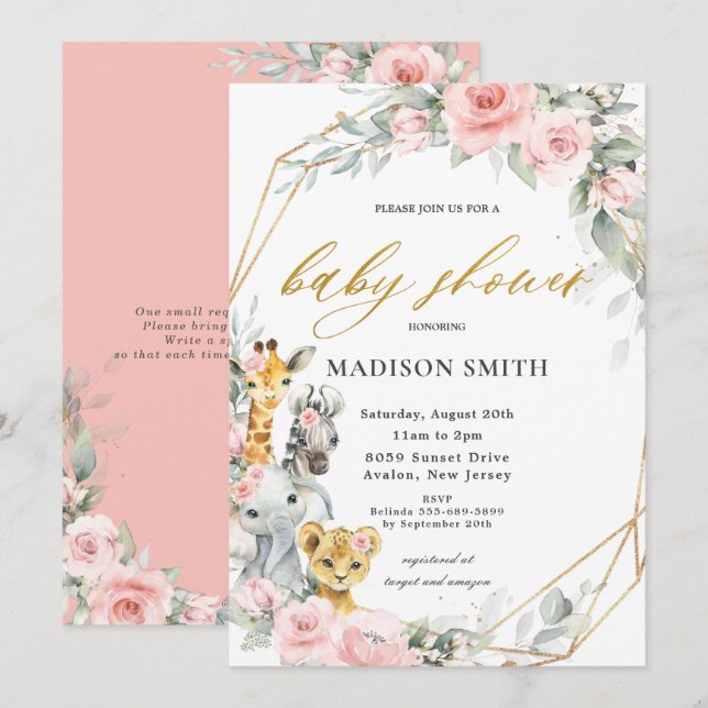 Invitation Chic rose Floral Jungle Animaux Baby shower fille (Devant / Derrière)