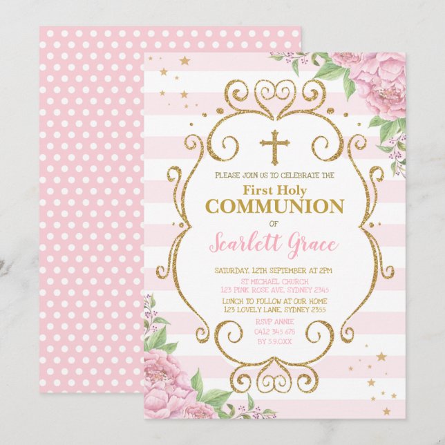 Invitation Chic rose Floral Première Sainte Communion Princes (Devant / Derrière)