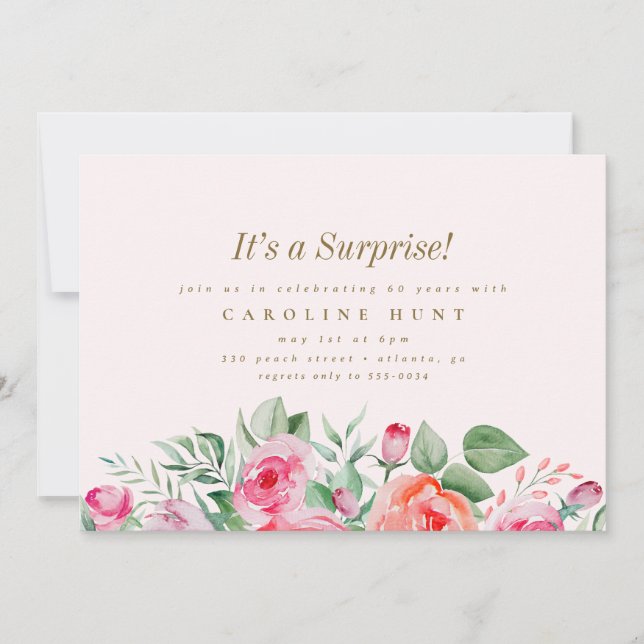 Invitation Chic rose Floral Rose Surprise fête d'anniversaire (Devant)