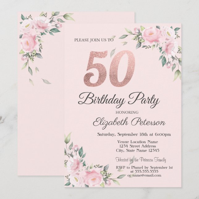 Invitation Chic rose florale 50e fête d'anniversaire (Devant / Derrière)