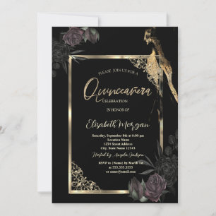 Invitation Chic Rose foncé Gold Frame Black Quinceañera
