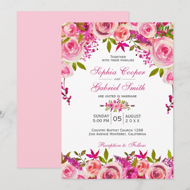 Invitation Chic rose Fuchsia Rose Mariage botanique (Devant / Derrière)