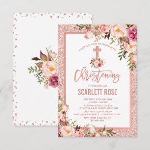 Invitation Chic Rose Gold Floral Christening bébé fille