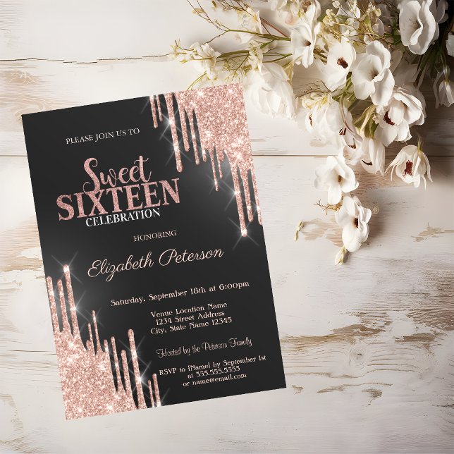 Invitation Chic Rose Gold Parties scintillant Drips Green Swe (Créateur téléchargé)