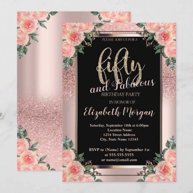 Invitation Chic Rose Gold Parties scintillant Flowers 50e fêt (Devant / Derrière)