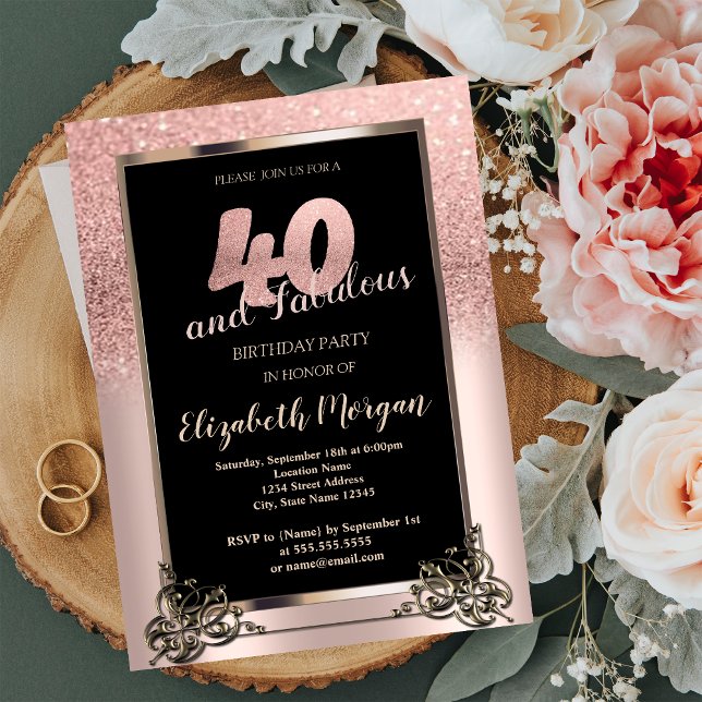 Invitation Chic Rose Gold Parties scintillant Ombre 40e fête  (Créateur téléchargé)