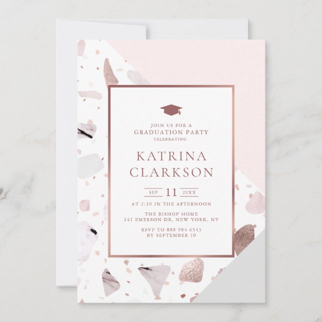 Invitation Chic Rose Gold Terrazzo Motif de la fête de gradua (Devant)